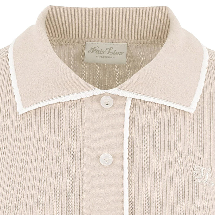 Fairliar Scallop Collar Cropped Sleeve Knit Golf Polo Beige - SS24 Women