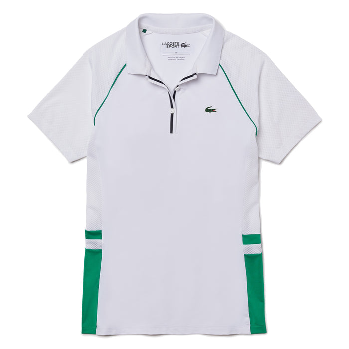 Lacoste Sport Bimaterial Breathable Stretch Tennis Golf Polo White/Palm Green/Navy Blue - 21 Women